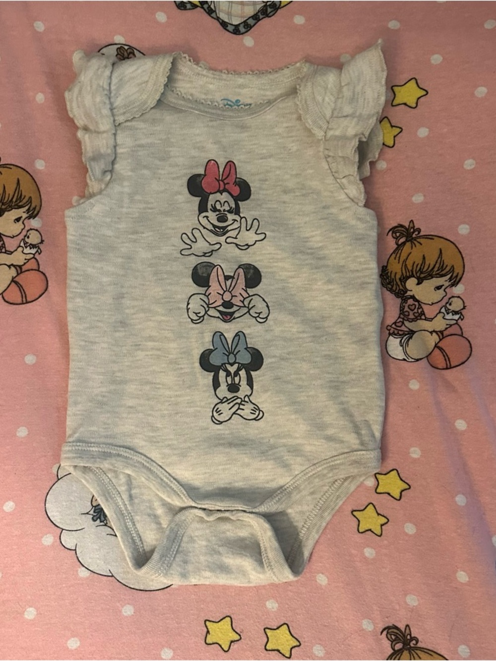 Disney Minnie Mouse Ruffle Sleeve One-Piece - Light Gray with Pink & Blue